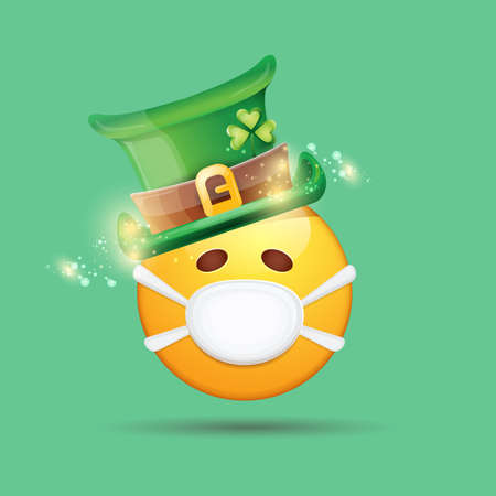 Vector Emoji sticker with mouth medical protection mask and saint Patricks green hat isolated on green background. Yellow st. Patricks smile face character with hat and white surgeon mask.のイラスト素材