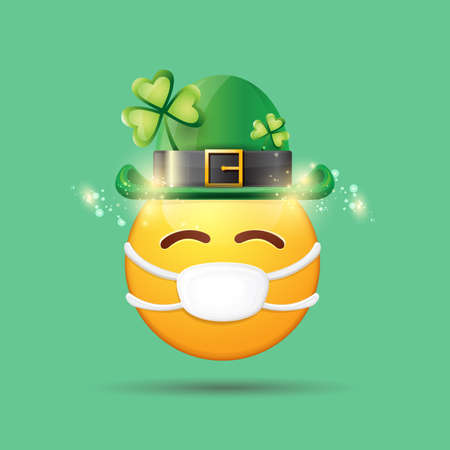 Vector Emoji sticker with mouth medical protection mask and saint Patricks green hat isolated on green background. Yellow st. Patricks smile face character with hat and white surgeon mask.のイラスト素材