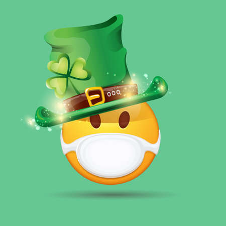Vector Emoji sticker with mouth medical protection mask and saint Patricks green hat isolated on green background. Yellow st. Patricks smile face character with hat and white surgeon mask.のイラスト素材