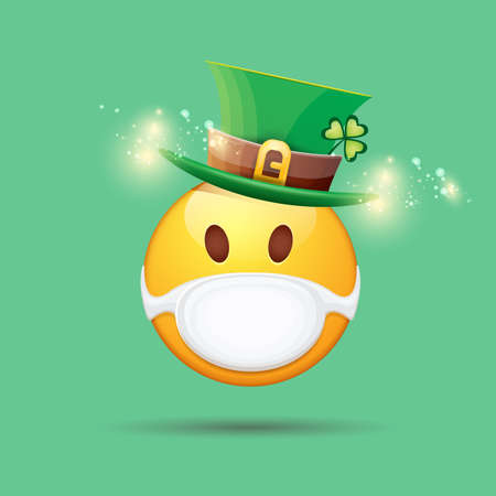 Vector Emoji sticker with mouth medical protection mask and saint Patricks green hat isolated on green background. Yellow st. Patricks smile face character with hat and white surgeon mask.のイラスト素材