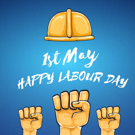 Happy labour day vector label with strong orange fist isolated on blue background. vector happy labor day background with man hand. red workers may day posterのイラスト素材