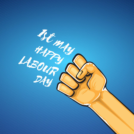 Happy labour day vector label with strong orange fist isolated on blue background. vector happy labor day background with man hand. red workers may day posterのイラスト素材