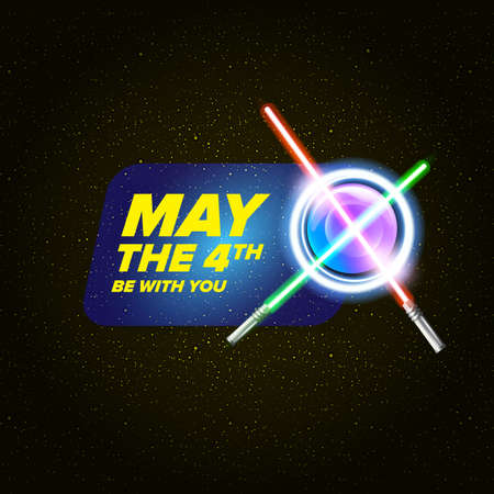 May the 4th be with you holiday greetings vector illustration with text on night space background with glowing stars. May the fourth be with you lettering.のイラスト素材