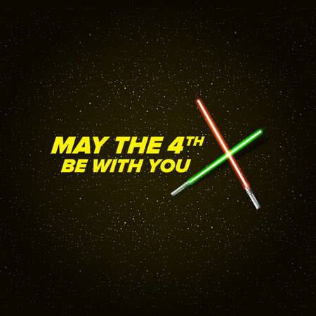 May the 4th be with you holiday greetings vector illustration with text on night space background with glowing stars. May the fourth be with you lettering.のイラスト素材