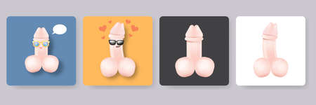 Penis icon set. cartoon funny summer penis character with sunglasses collection. Penis with good erection isolated. Vector Urology concept poster and banner design templateのイラスト素材