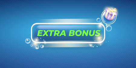 vector extra bonus horizontal banner design template with gift icon and button isolated on modern blue background. Extra bonus or super gift label design templateのイラスト素材