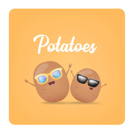 vector two friends tiny kids potato characters having fun isolated on orange background. Happy Friendship day vector illustration. funky kids potato with friend. Friendship party conceptのイラスト素材