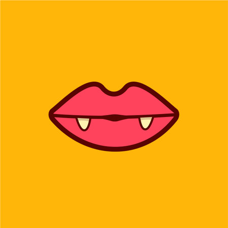 Sexy red vampire woman lips with fangs isolated on orange background. Vector cartoon girl vampire mouth with vampires teeth icon or label vector illustration for printing on t-shirtのイラスト素材