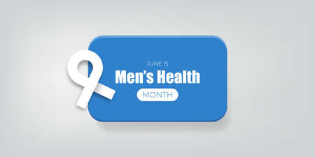 Mens health month concept horizontal banner design template with blue ribbon and text isolated on grey background. June is national mens health awareness month vector flyer or posterのイラスト素材