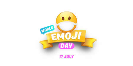 World emoji day greeting horizontal banner with smile face Emoji sticker with mouth medical protection mask isolated on white background.のイラスト素材