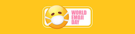 World emoji day greeting horizontal banner with smile face Emoji sticker with mouth medical protection mask isolated on orange background.のイラスト素材