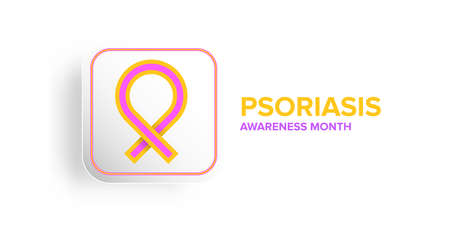 Psoriasis awareness month concept horizontal banner design template with yellow and violet ribbon and text isolated on white background. August is Psoriasis awareness month vector flyer or posterのイラスト素材