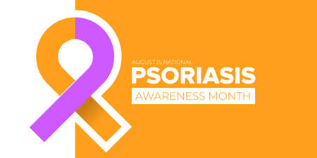 Psoriasis awareness month concept horizontal banner design template with yellow and violet ribbon and text. August is national Psoriasis awareness month vector flyer or poster backgroundのイラスト素材