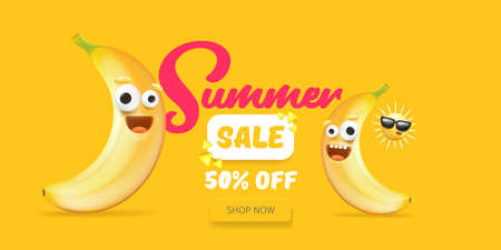 Summer sale funny horizontal banner with cartoon sun and funky banana character isolated on summer orange background. Vector 3d horizontal summer hot sale poster, flyer, banner, tag and backgroundのイラスト素材