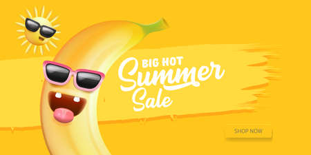 Summer sale funny horizontal banner with cartoon sun and funky banana character isolated on summer orange background. Vector 3d horizontal summer hot sale poster, flyer, banner, tag and backgroundのイラスト素材