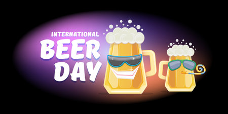 Happy international beer day horizonatal banner with cartoon funny beer glass friends characters with sunglasses isolated on black background. World beer day cartoon comic posterのイラスト素材
