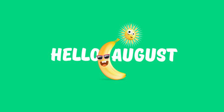 hello August horizontal banner with cartoon sun and funky banana character isolated on summer green background. Vector 3d clay horizontal hello august scene, poster, flyer, banner and backgroundのイラスト素材