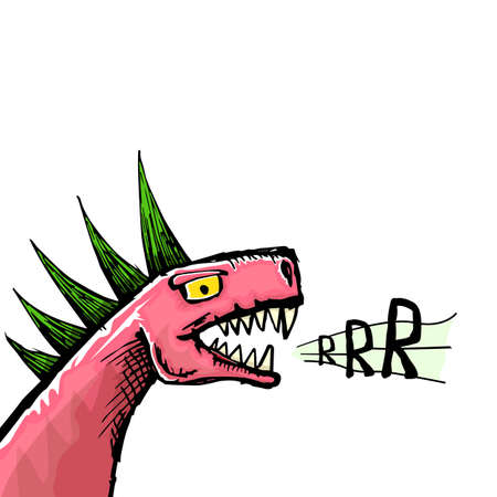 Vector hand drawn cartoon roaring dino head isolated on white background. Pink Dino punk rock star character with green Iroquois.のイラスト素材