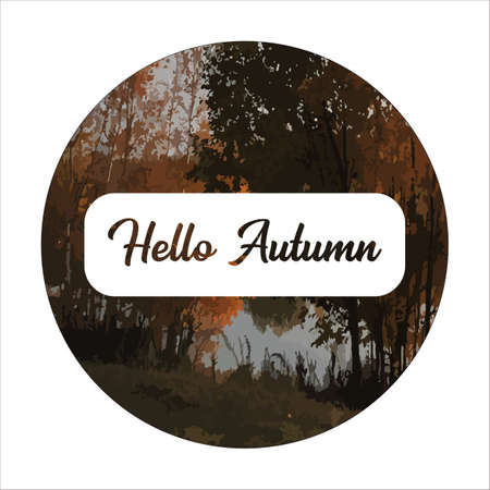 Hello autumn square banner background with autumn forest landscape, golden trees, leaves, river and sky. Hello autumn and September poster, label, social media post design templateのイラスト素材