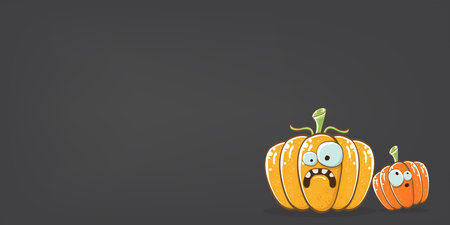 Funky Halloween or thanksgiving day horizontal banner with vector funny cartoon cute smiling friends pumpkins isolated on grey background.のイラスト素材