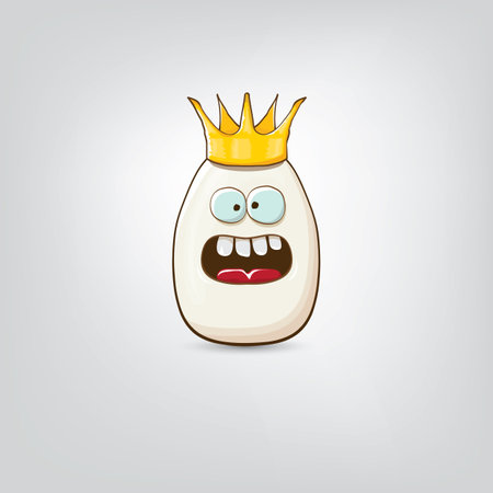 white egg king with crown cartoon characters isolated on grey background. My name is egg vector concept illustration. funky farm food or easter egg king character with eyes and mouthのイラスト素材
