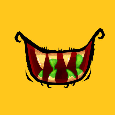 Vector cartoon funny zombie monster open mouth with drooling green slime isolated on orange background. Vector Halloween greeting card with funne orange monster mouth. Cartoon vampire and zombie fangsのイラスト素材