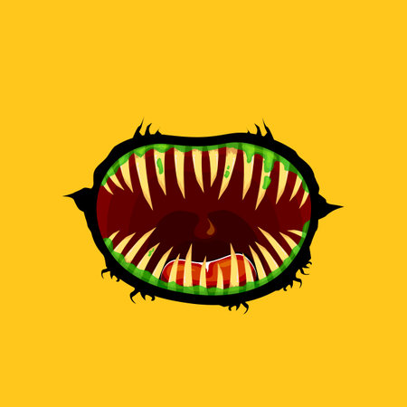 Vector cartoon funny zombie monster open mouth with drooling green slime isolated on orange background. Vector Halloween greeting card with funne orange monster mouth. Cartoon vampire and zombie fangsのイラスト素材