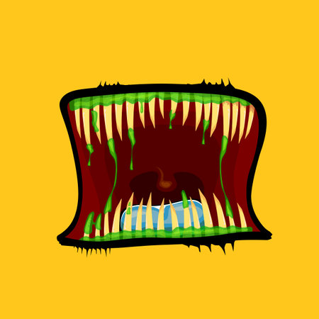 Vector cartoon funny zombie monster open mouth with drooling green slime isolated on orange background. Vector Halloween greeting card with funne orange monster mouth. Cartoon vampire and zombie fangsのイラスト素材