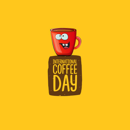 International coffee day cute illustration with happy red coffee cup character and greeting text isolated on yellow background. World Coffee day cartoon poster, print, label sticker, funny bannerのイラスト素材