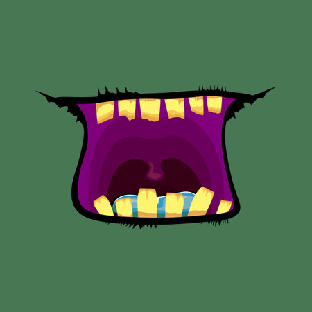 Vector cartoon funny zombie monster open mouth with rotten teeth isolated on green background. Vector Halloween greeting card with funne green monster mouth. Cartoon vampire and witch fangsのイラスト素材