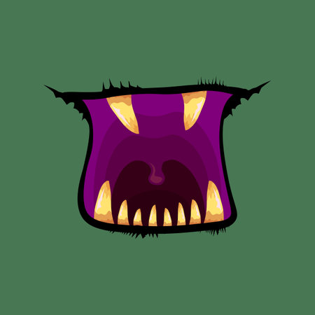 Vector cartoon funny zombie monster open mouth with rotten teeth isolated on green background. Vector Halloween greeting card with funne green monster mouth. Cartoon vampire and witch fangsのイラスト素材