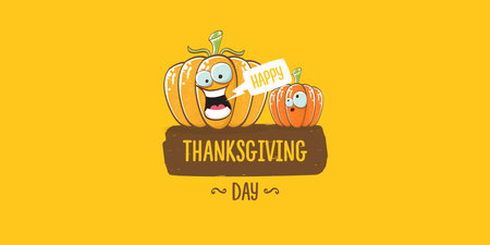 Funny Thanksgiving day horizontal banner with vector funny cartoon cute smiling friends pumpkins isolated on orange background. Thanksgiving day cute banner and label design template with pumpkinsのイラスト素材