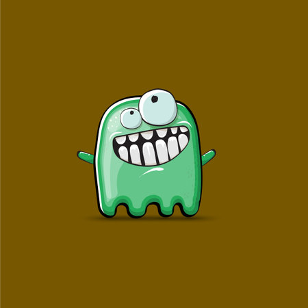 Funny cute smiling green ghost monster isolated on brown background. Ghost cartoon character and cute emoji. Halloween spirit element.のイラスト素材