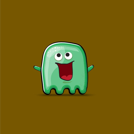 Funny cute smiling green ghost monster isolated on brown background. Ghost cartoon character and cute emoji. Halloween spirit element.のイラスト素材