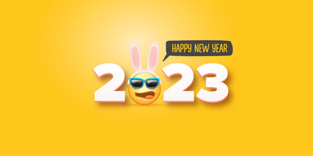 2023 Happy new year horizontal banner with funny smile face with rabbit ears and sunglasses isolated...