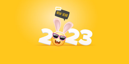 2023 Happy new year horizontal banner with funny smile face with rabbit ears and sunglasses isolated...