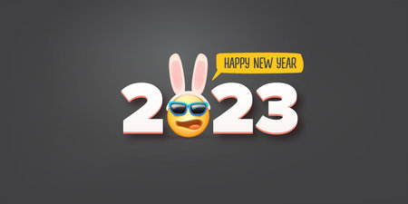 2023 Happy new year horizontal banner with funny smile face with rabbit ears and sunglasses isolated on grey background. 2023 new year banner, poster, flyer, cover with funny cute rabbitのイラスト素材
