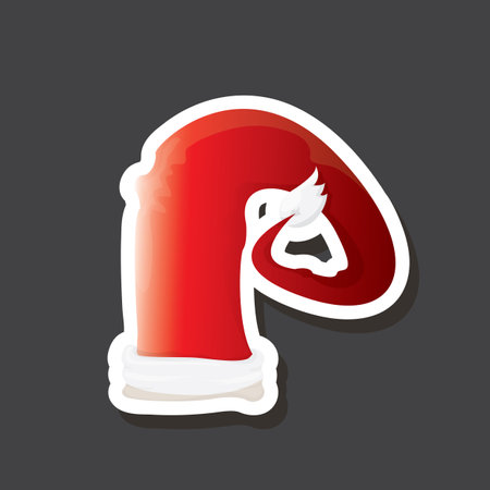 vector red funky Santa Claus hat sticker icon or label isolated on grey background. merry christmas design element for banners and geeting cardsのイラスト素材