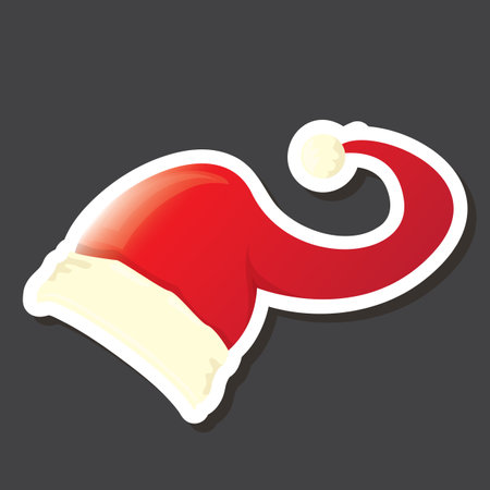 vector red funky Santa Claus hat sticker icon or label isolated on grey background. merry christmas design element for banners and geeting cardsのイラスト素材