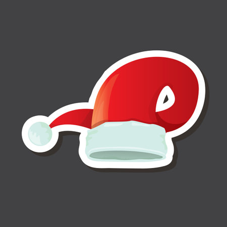 vector red funky Santa Claus hat sticker icon or label isolated on grey background. merry christmas design element for banners and geeting cardsのイラスト素材