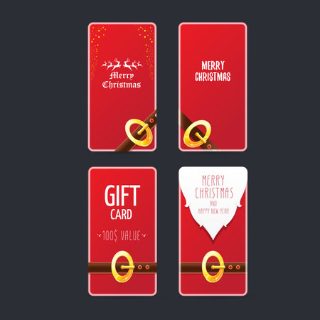 vector red hristmas sale banners set isolated on grey background. christmas vertical background collection with santa claus golden belt and beard . xmas greeting card and poster design templateのイラスト素材