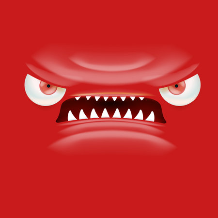 Vector funny angry red christmas monster face with open mouth with fangs and evil eyes isolated on...