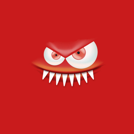 Vector funny angry red christmas monster face with open mouth with fangs and evil eyes isolated on red background. Christmas cute and angry monster design template for poster, banner and tee printのイラスト素材