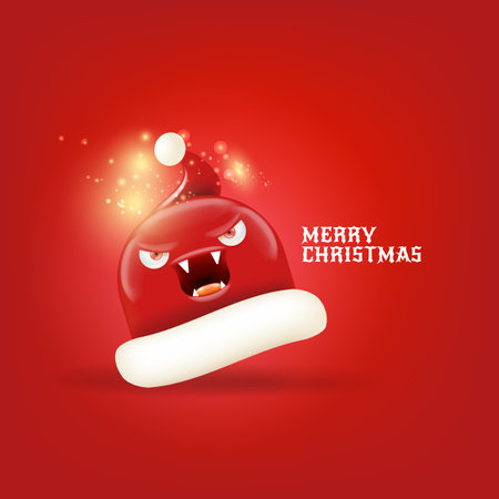 Vector cartoon monster Santa Claus red hat with grinch face isolated on red Christmas background. Merry Christmas greeting card and banner with funny crazy monster Santa Claus hat. Santa hatのイラスト素材