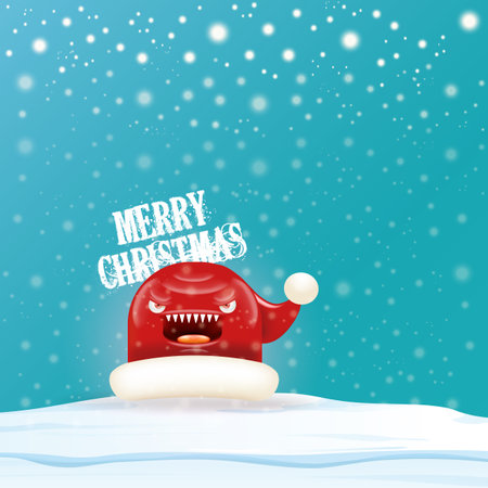 Vector cartoon monster Santa Claus red hat with grinch face isolated on snowy Christmas background. Merry Christmas greeting card and banner with funny crazy monster Santa Claus hat. Santa hatのイラスト素材
