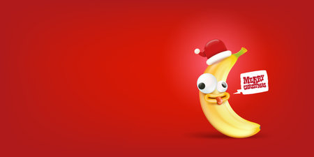 Merry Christmas horizontal greeting banner with funny cartoon banana character wearing santa red hat isolated on red background. Funny and cute Christmas card with smiling Banana monsterのイラスト素材