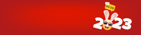 2023 Happy new year horizontal banner with funny smile face with rabbit ears and sunglasses isolated on red background. 2023 new year banner, poster, flyer, cover with funny cute rabbitのイラスト素材