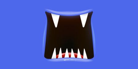 Vector Cartoon open monster mouth isolated on blue background. Funny and cute Halloween Monster open mouth with big vampire fangs or teeth and red tongue. Halloween card design templateのイラスト素材