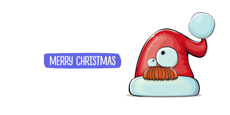 Vector cartoon Santa Claus red hat with smile face isolated on white horizontal bannner background. Merry Christmas greeting banner with funny monster Santa Claus hat. Santa hatのイラスト素材