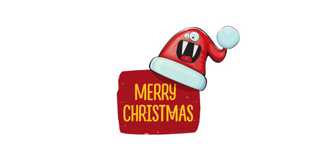 Vector cartoon Santa Claus red hat with smile face isolated on white horizontal bannner background. Merry Christmas greeting banner with funny monster Santa Claus hat. Santa hatのイラスト素材